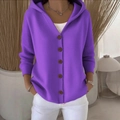 Women's purple hooded knitted cardigan with buttons in a stylish minimalist setting - S / Purple