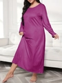 Close-up of deep purple plus size long sleeve maxi dress with loose fit and crew neck - 1XL / Fuschia