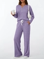 Women's lavender ribbed knit 2-piece lounge set with long sleeve top and wide leg pants - M / Purple