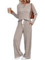 Detail of ribbed knit loungewear set featuring V-neck button top and wide-leg drawstring pants - M / Camel