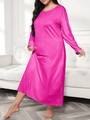 Detail of rose pink long sleeve plus size maxi dress with round neck and H-line silhouette - 1XL / Rose Red
