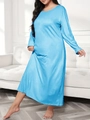 Detail of bright blue long sleeve plus size lounge dress with soft knitted texture - 1XL / Light Blue