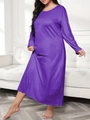 Close-up of purple long-sleeved plus size maxi dress with leopard print on a model - 1XL / Purple