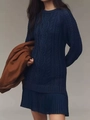 Elegant navy blue cable-knit mini dress with pleated chiffon hem and long sleeves - S / Navy Blue
