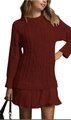 Elegant wine red cable-knit mini dress with a round neck and pleated chiffon hemline - S / Burgundy