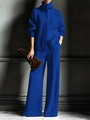 Detailed knit texture of royal blue high-neck sweater and wide-leg knit trousers set - XS / Top And Bottom / Blue