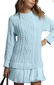 Light blue cable knit mini dress featuring pleated chiffon patchwork skirt and crew neck - S / Sky Blue