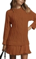Caramel cable-knit mini dress with pleated chiffon hem and classic round neckline - S / Dark Brown