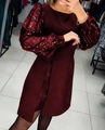 Elegant wine red short dress with sequined balloon sleeves for a slim fit party look - S / Dresses / Burgundy