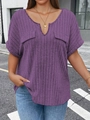 Women's loose V-neck short sleeve purple top with vertical ribbed texture and faux pockets - 1XL / Purple