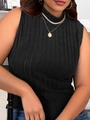 Close-up of black ribbed sleeveless high-neck top with slim-fit knit texture detail - 1XL / Black