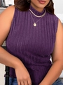 Detail of purple ribbed knit sleeveless top featuring a mock neck and stretchy fabric - 1XL / Purple