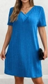 Close-up of vibrant blue V-neck dress featuring vertical rib texture and short sleeves - XL / Royal Blue