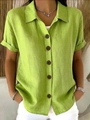 Close-up of bright green short sleeve shirt showing linen texture and button details - S / Yellow-Green