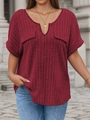 Women's V-neck burgundy short sleeve top with ribbed texture and decorative pockets - 1XL / Burgundy