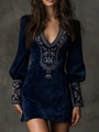 Deep blue velvet V-neck mini dress featuring intricate floral and butterfly embroidery - Navy Blue