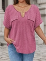 Detail of rose pink V-neck knit top with vertical ribbed texture and decorative flap pockets - 1XL / Rose Red