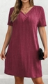 Detail of burgundy V-neck short sleeve dress showing ribbed knit texture and layering - XL / Burgundy