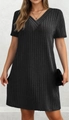 Detail of the black V-neck short sleeve dress with vertical ribbed texture fabric - XL / Black