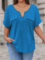 Women's V-neck royal blue short sleeve ribbed t-shirt with decorative pockets and loose fit - 1XL / Sapphire Blue