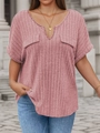 Detail of dusty pink textured knit top with V-notch neck and flap pocket accents - 1XL / Pink