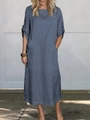 Close-up of loose cotton linen dress featuring rolled sleeves and functional side pockets - S / Top And Bottom / Navy Blue