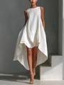 Detail of white cotton linen sleeveless dress showing high-low hem and texture - S / White