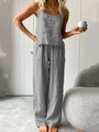 Detail eines grauen Baumwoll-Leinen-Zweiteilers mit Camisole-Top und weit geschnittener Hose - S / Dunkelgrau