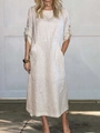 Detail view of light beige linen midi dress showing large utility pockets and adjustable sleeves - S / Top And Bottom / White