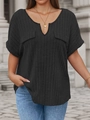 Women's black V-neck short sleeve top with ribbed texture and faux pocket details - 1XL / Black
