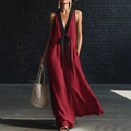 Robe longue élégante bordeaux sans manches avec col en V et nœud papillon noir - S / Rouge