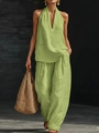 Completo due pezzi verde avocado in lino con top a sbalzo scollo a V e pantaloni larghi - S / Top E Pantaloni / Verde-giallo