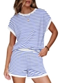 Détail du pyjama rayé bleu et blanc montrant le tissu en maille douce et les bords-côtes - S / Haut Et Bas / Rayé Bleu