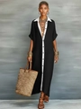 Detail of color-block shirt dress with contrast collar, button-down front and long skirt - S / Tops / Black