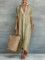 Detail of olive green linen maxi dress with contrasting cream button placket and collar - S / Tops / Khaki