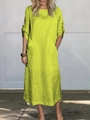Bright lime green cotton linen midi dress with short sleeves and functional side pockets - S / Top And Bottom / Yellow