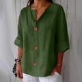 Camiseta de mujer verde oscuro con cuello en V de algodón y lino, botones y manga corta - S / Verde