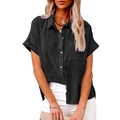 Chemise décontractée en lin noir pour femme avec manches courtes et poche de poitrine - S / Noir