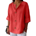 Women's V-neck red cotton linen t-shirt with button detail and rolled sleeves - S / Red