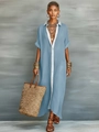 Light blue cotton linen maxi shirt dress with white contrast collar and button front - S / Tops / Sky Blue