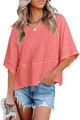Women's pink loose fit round neck T-shirt with textured fabric and bell sleeves - S / Tops / Pink