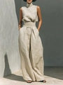 Linen sleeveless top and wide-leg trousers set in natural beige for women summer - S / Apricot