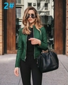 Schicke dunkelgrüne Kunstlederjacke mit Stehkragen und Reißverschluss für Damen - S / 2# Grün
