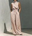 Pale pink two-piece linen set with high-neck sleeveless top and wide-leg trousers - S / Top And Bottom / Pink
