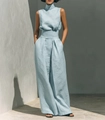 Light blue linen sleeveless high-neck top and wide-leg trousers matching set for women - S / Top And Bottom / Sky Blue