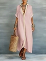 Pink and beige contrast color loose cotton linen maxi shirt dress with short sleeves - S / Tops / Lotus Pink