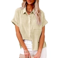 Vue détaillée de la chemise en coton lin kaki avec poche poitrine et manches courtes - S / Abricot