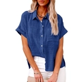 Women's dark blue cotton linen short sleeve shirt with chest pocket and side slits - Blue
