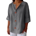Detail of dark gray linen-cotton top with V-neck and decorative brown buttons - S / Gray