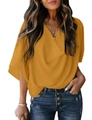 Detail of elegant mustard yellow chiffon top featuring deep V-neck and batwing sleeves - S / Tops / Yellow